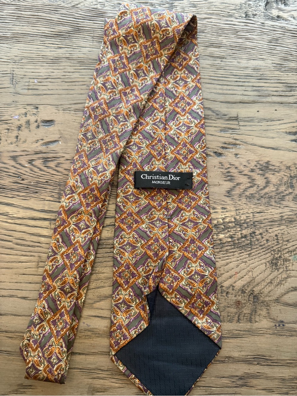 Christian Dior Multicolor Geometric Silk Tie — Gold & Purple Accents